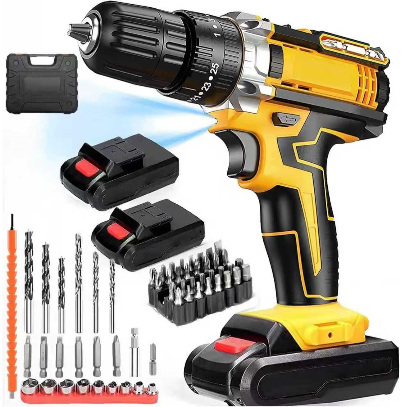 48V Cordless Drill Set, Power Drill Set with Battery and Charger, Compact Driver/Drill Bits, 25+3 Torque Setting, 3/8'' Keyless Chuck, 2 Variable Speed, Electric Drill Set with Tool Bag